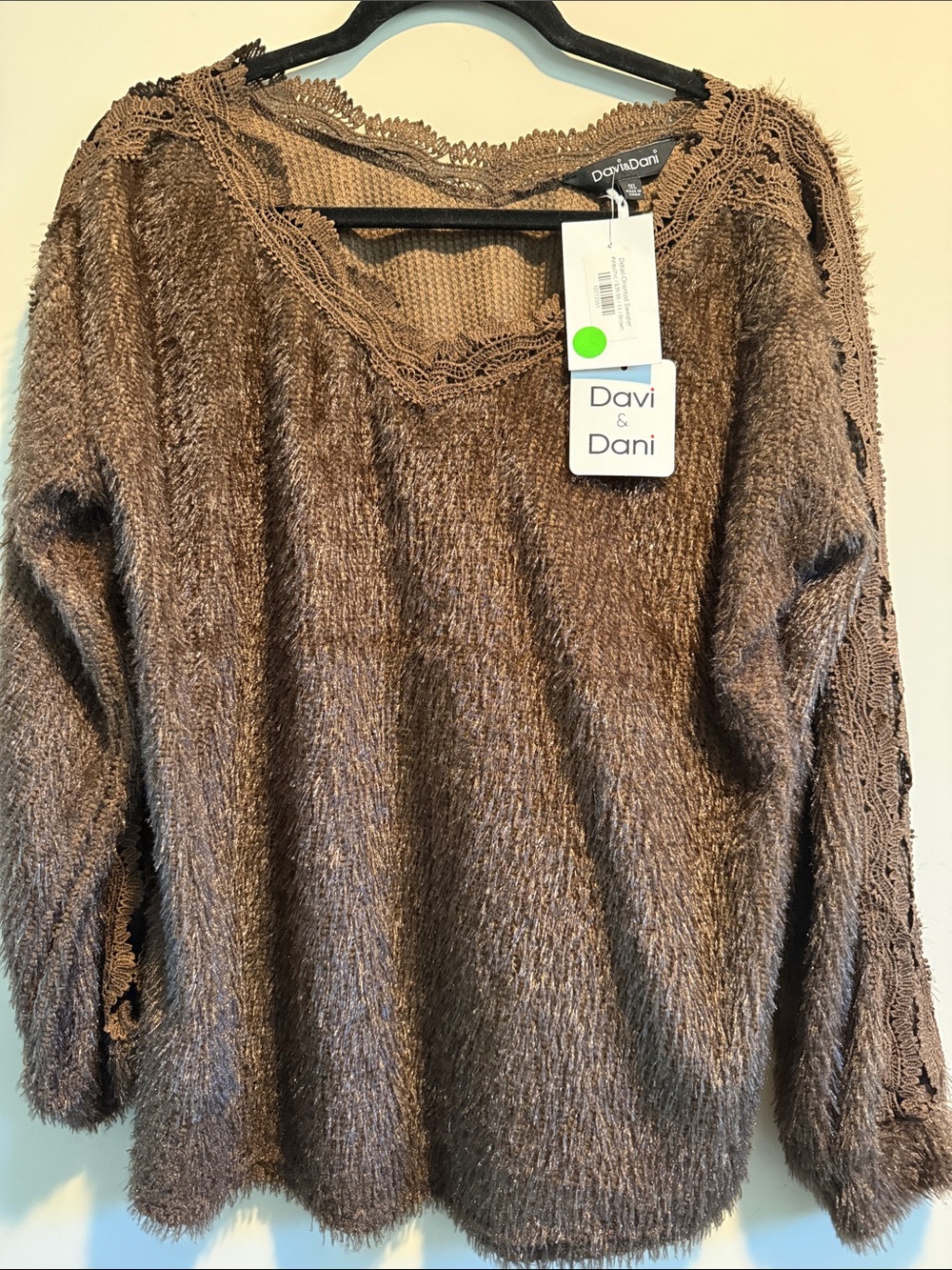 DAVI & DANI Brown Fuzzy V-Neck Crochet Trim Sweater